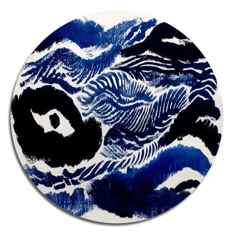 Tranquillité de marée côtière bleue et noire - Collages abstraits en métal rond, L 29 po x H 29 po