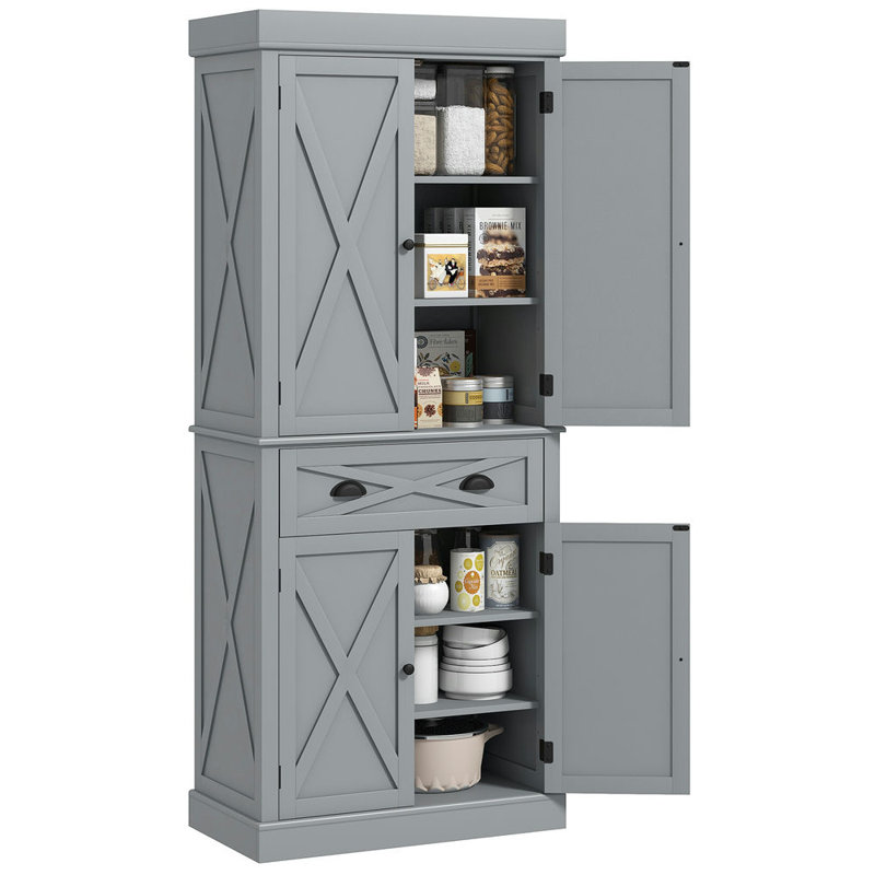 Armoire de rangement pour garde-manger de 72 po, armoire autoportante traditionnelle avec 4 portes et 2 tablettes réglables, grand tiroir central, cadre en X