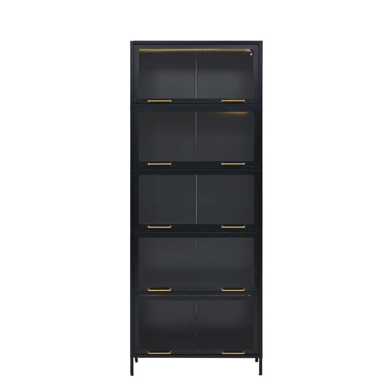 Modern Iron Curio Cabinet with LED Lighting and Slide-in Doors, Black