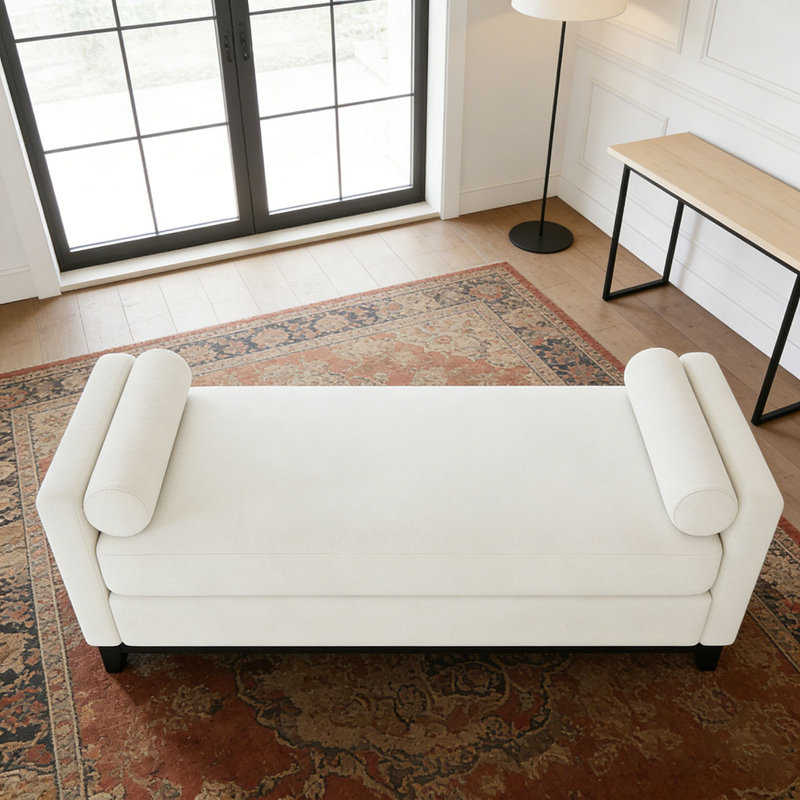 Banc rembourré en bois massif, 66,34 pouces, Beige + noir