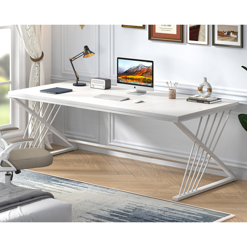 Cheryel 70.87" Modern Wood and Metal Computer Desk, White, White, 29.53" H x 70.87" W x 31.5" D