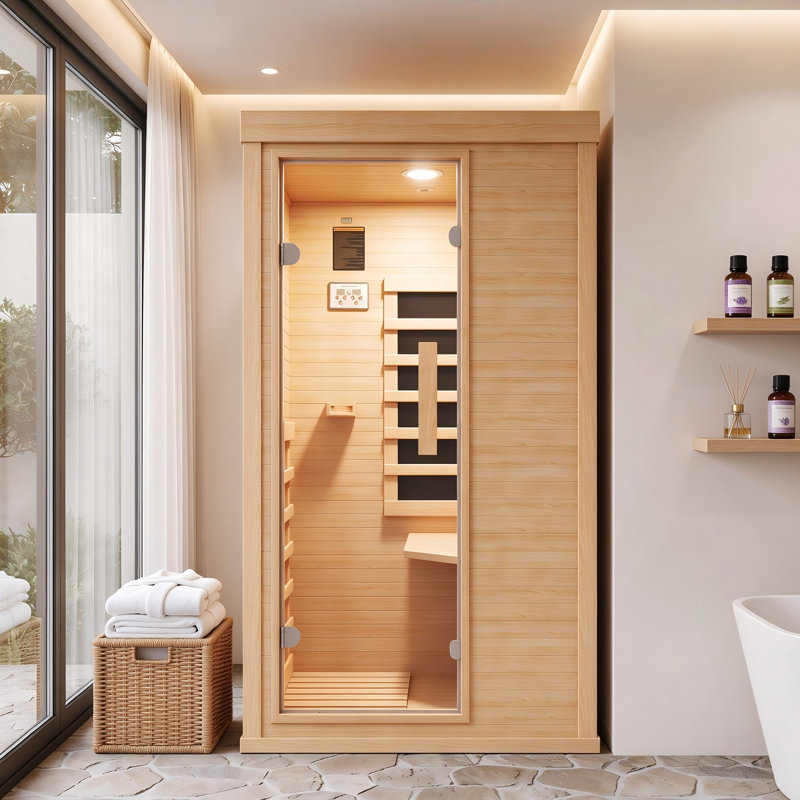 Indoor Far Infrared Sauna for 1 Person, Low-EMF Canadian Hemlock Wood Sauna with 4 Heating Panels, Bluetooth Speakers, LED Reading Light & Easy Temperature Control