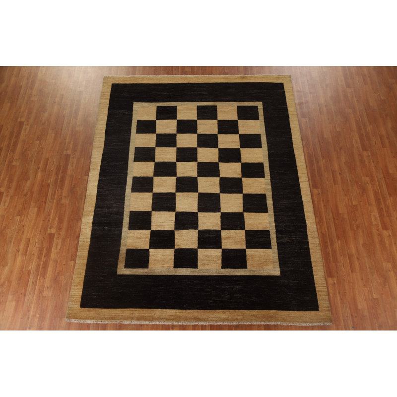 Tapis noir en laine noué à la main de conception unique 8 pi 2 po x 10 pi 3 po Anabel
