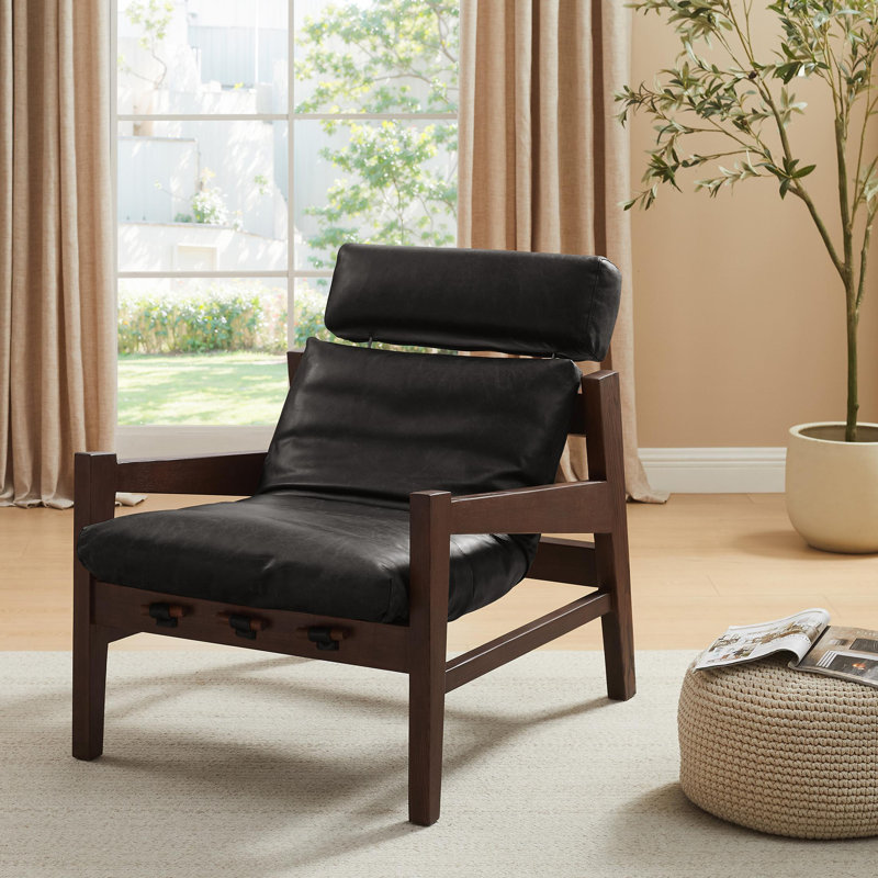 Carre 28.35'' W Genuine Leather Lounge Armchair With Adjustable Headrest, Black