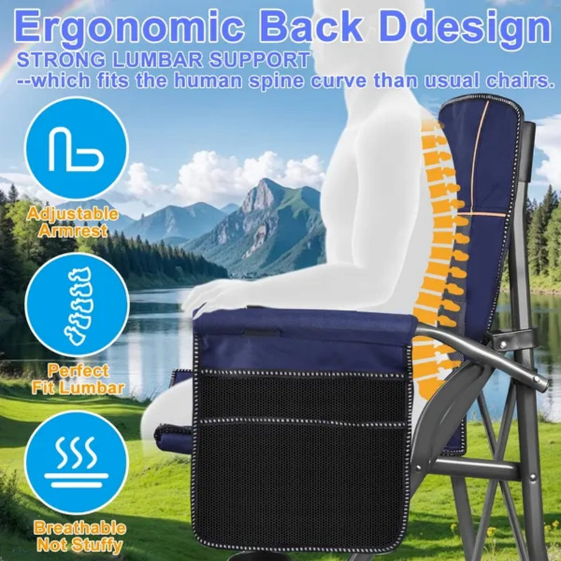 Heavy-Duty Folding Camping Chair - Padded Portable Outdoor Chair with Dual Cup Holders, Side Storage Pocket & Carry Bag, Support 330lbs for Camping, Hiking & Tailgating