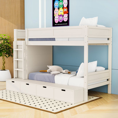 Twin over Twin Wood Bunk Bed with 4 Drawers and Wardrobe