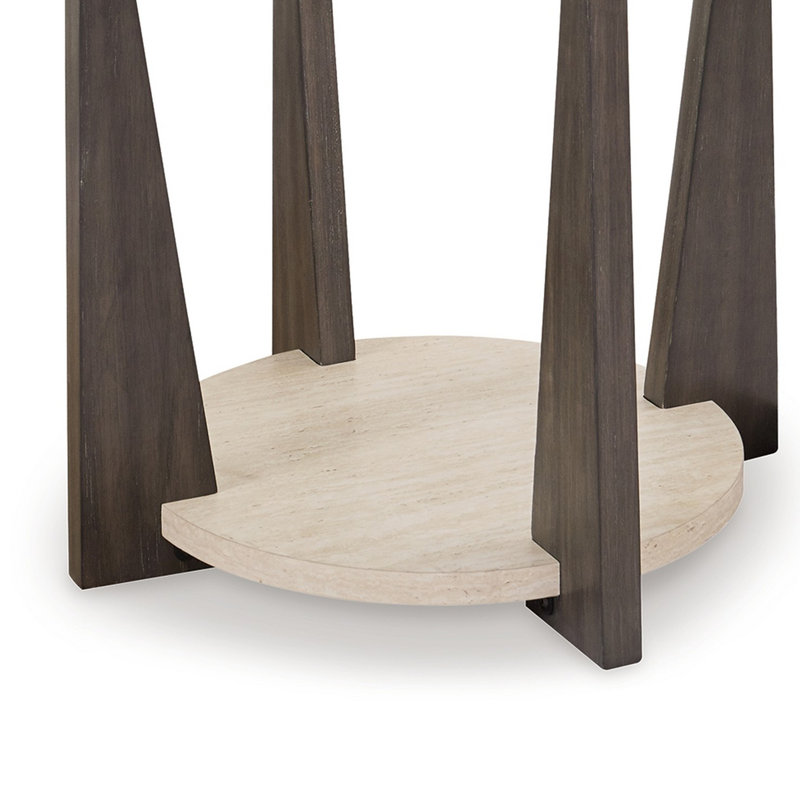 Miu Side End Table, 24 Inch Round Glass Top W Shelf, Brown Angled Base
