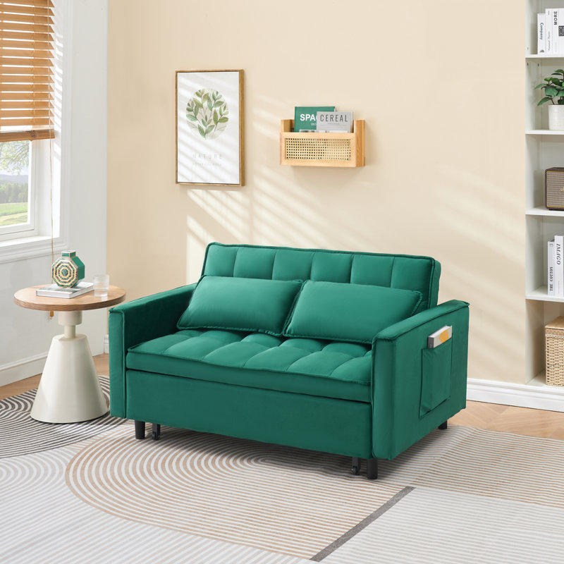  55-Inch Green Velvet Convertible Sleeper Sofa Bed, 3-in-1 Pull Out Futon Loveseat with Pockets and Pillows