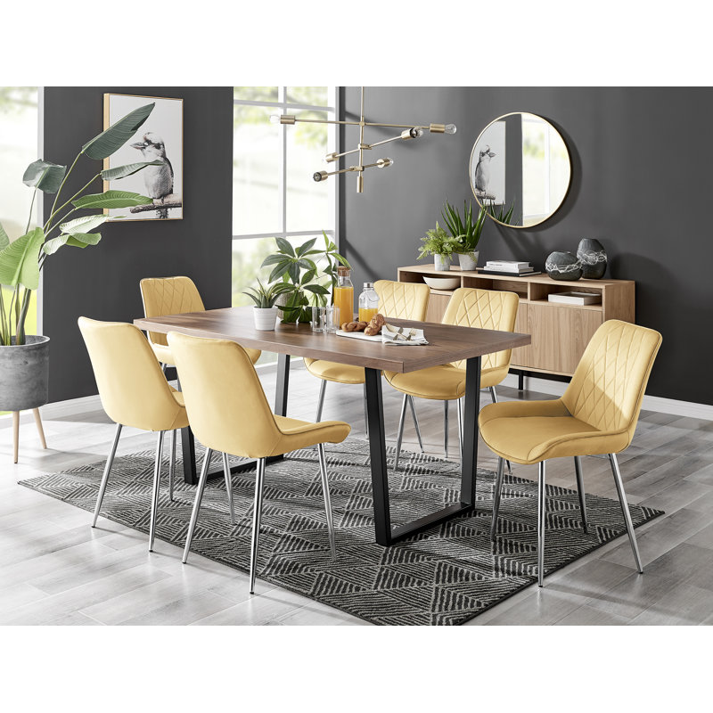 Modern Marble And Silver Dining Table Set With 6 Luxury Velvet Dining Chairs, Brown, Yellow/Silver