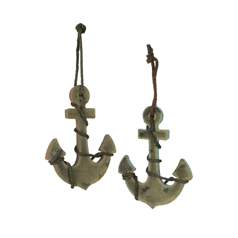 Nautical wood ship anchor wall hanging set of 2, blue and light brown enamel with rope hangers — 8.75" H x 6.75" W x 1" D each