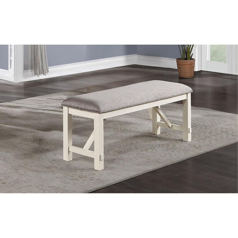 Stylish And Functional Dining Room Bench With Grey Fabric Cushion Seat And Unique Frame Back
