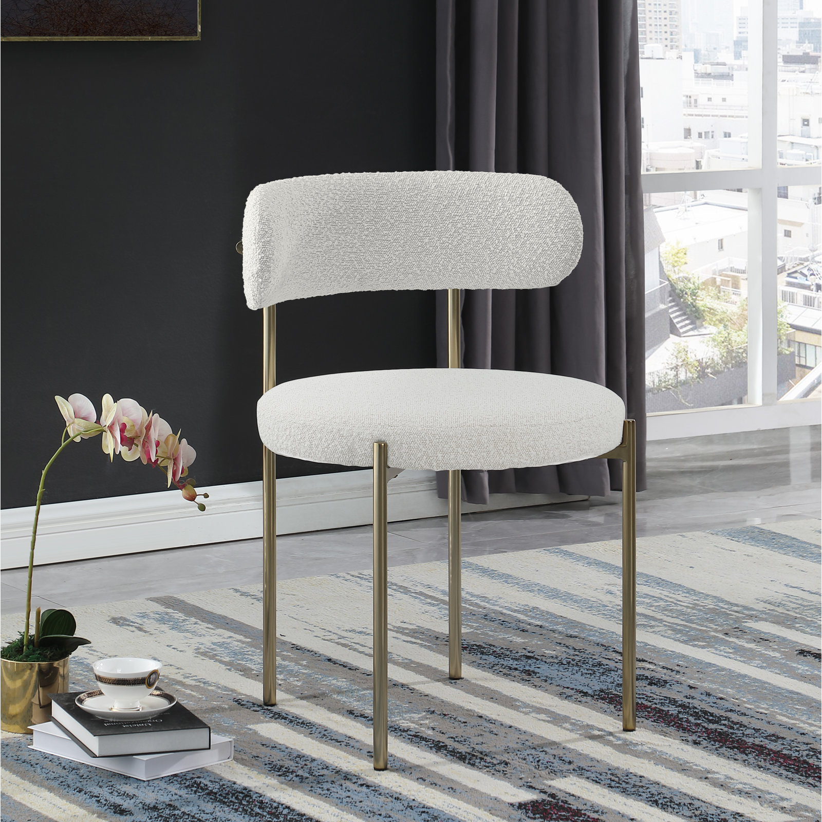 Sherwood Solid Back Boucle Side Chair, Cream Boucle, Brushed Brass