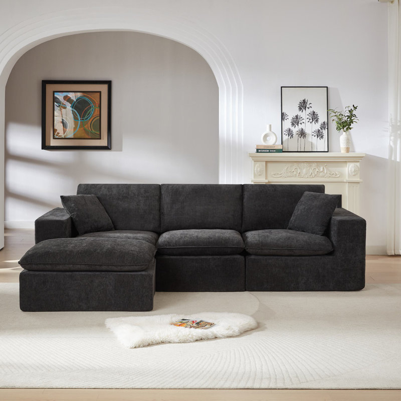 Soneson 4-Piece U-Shaped Chenille Sectional Modular With Two Ottoman, Black Chenille