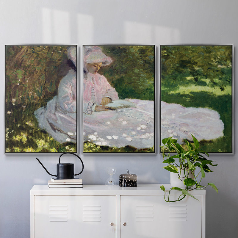 Monet - 3 pièces, reproduction encadrée sur toile, H 40 po x l 78 po x P 2 po, Argent