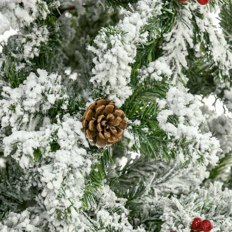 Arbre de Noël artificiel enneigé 9 pi avec des branches de pin réalistes, pommes de pin, baies rouges, ouverture automatique