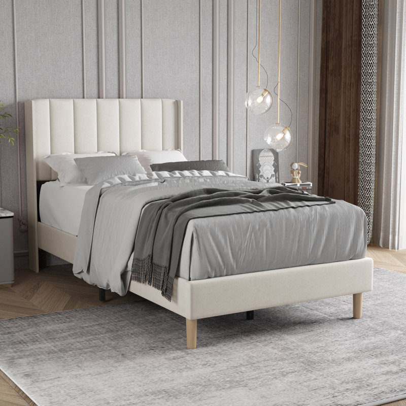 Lit à oreilles tapissier Lashasta, Beige, Simple