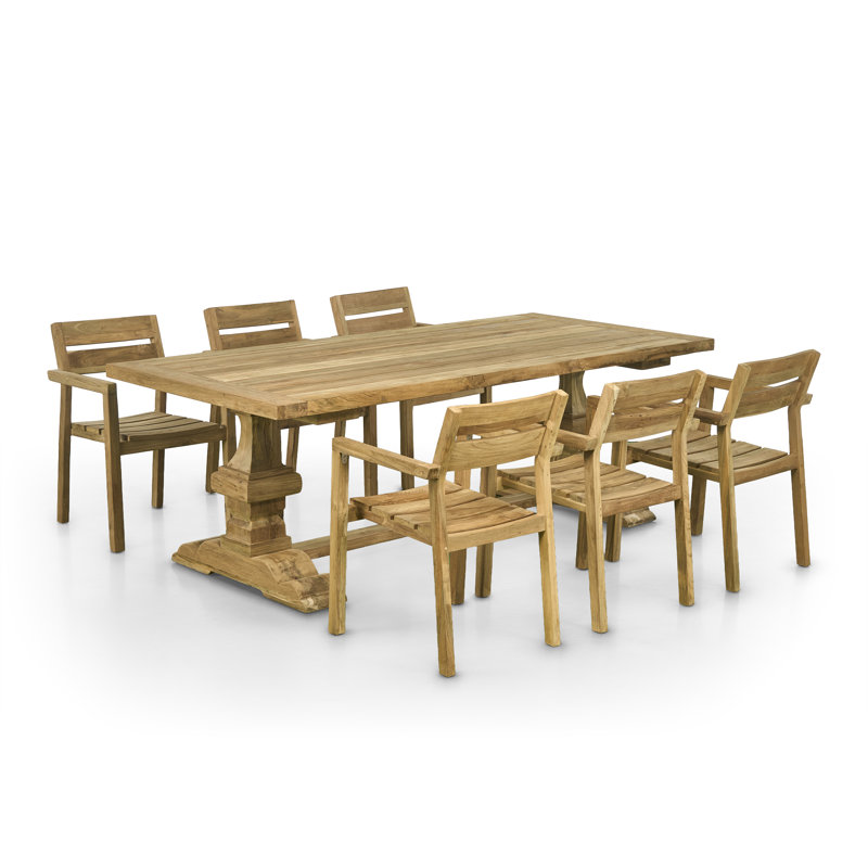86" Bovey Reclaimed Teak Indoor Outdoor Dining Table Set With Six Teak Armchairs