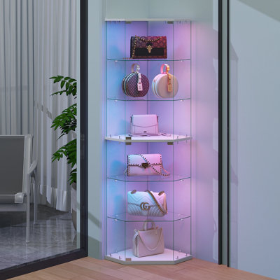 Modern Corner Glass Display Cabinet with App-Controlled RGB Lighting - Tall LED Curio Cabinet for Collectibles & Handbags