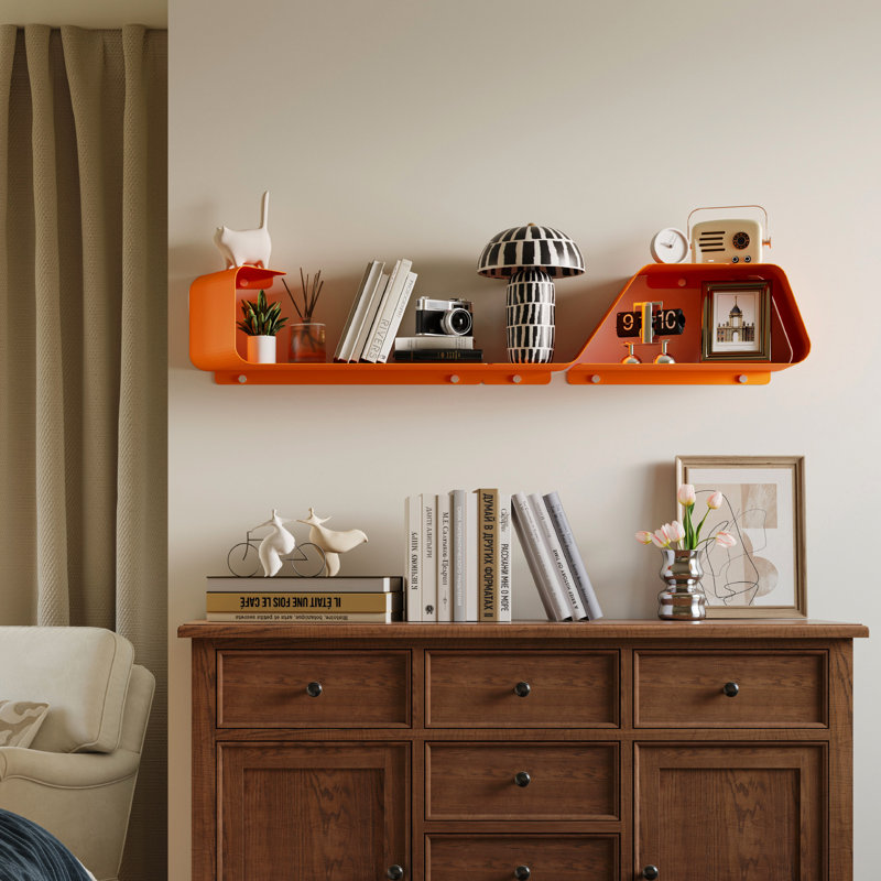 Eliyah Metal Floating Shelf, Wall Shelf, Wall Mounted Metal Shelves with Unique Design, Orange