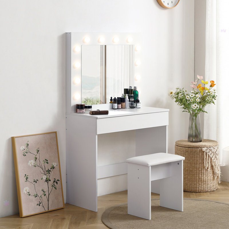 Vanity Table With Large Lighted Mirror, Makeup Vanity Dressing Table With Drawer, 1Pc Upholstered Stool