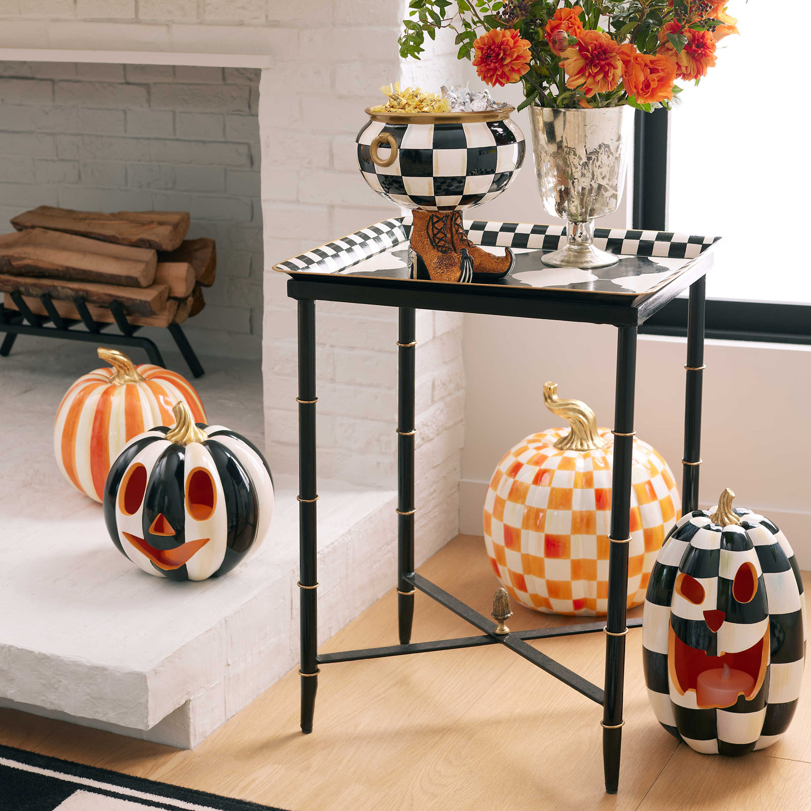 Check Pumpkin Holiday Accent, 15" H x 12" W x 12" D, Orange/White/Gold