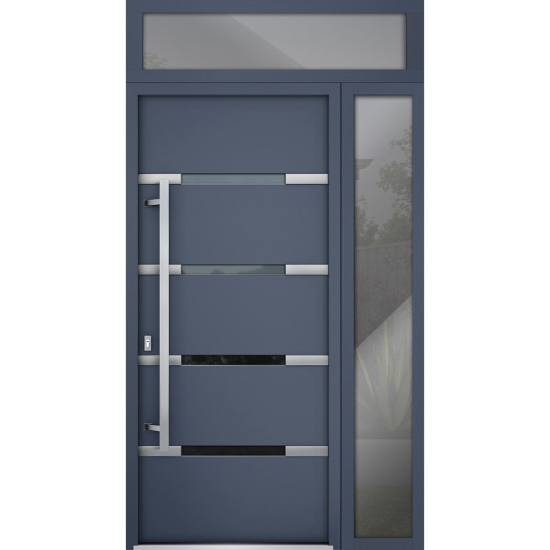 Porte avant en acier pré-suspendue à l'avant / deux graphite gris 1105 / fenêtre extérieure latérale et supérieure / inserts en acier inoxydable peints simples modernes - l 36 po x H 80 po + 16 po - Pivot à droite