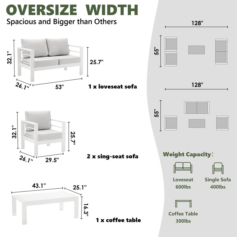 Ensemble de conversation d'extérieur pour 4 personnes avec coussins Rotella, Blanc, Gris clair
