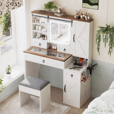 Farmhouse Vanity Desk With Sliding Mirror And Lights, Glass Top, Charging Station, 4 Drawers, 2 Cabinets, And Stool For Elegant Bedroom Decor