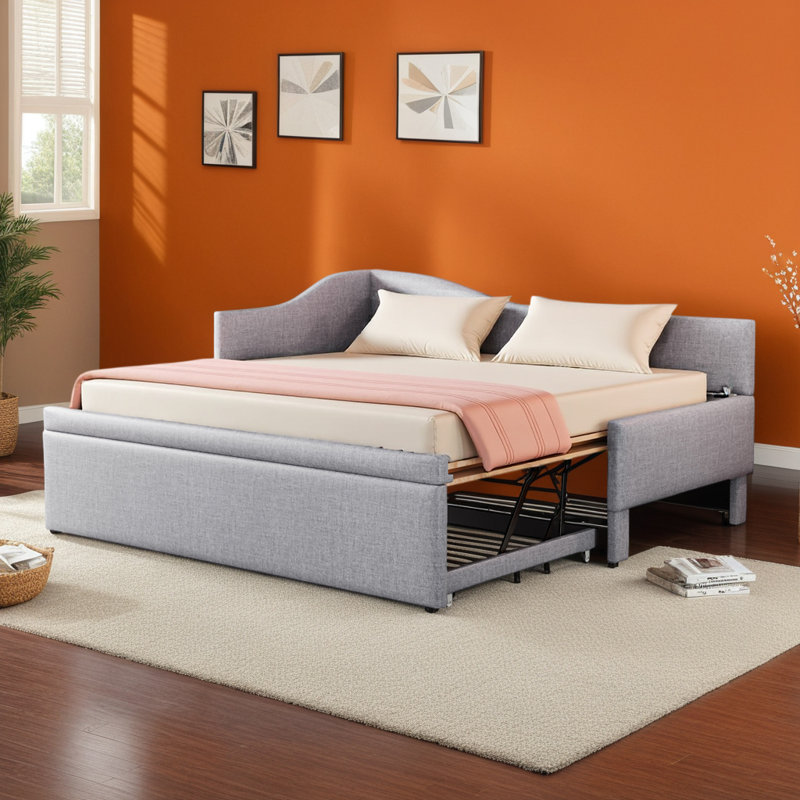 Twin Size L-Shaped Upholstered Daybed with Pop-Up Trundle for Compact Spaces, Gray