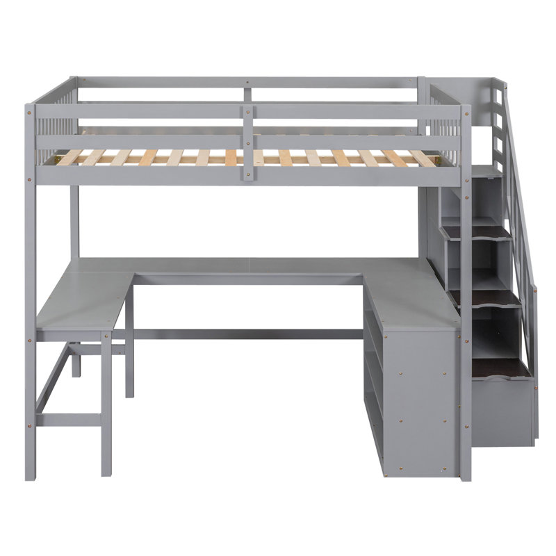 Lit mezzanine avec bureau intégré en forme de L et tablettes de rangement à trois niveaux, Gris