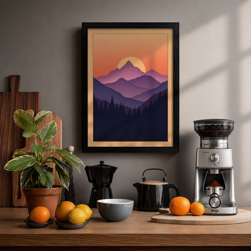 Mountain Silhouette At Dawn Minimalist - Print, A2 - 59.4 x 42.0 cm, Black