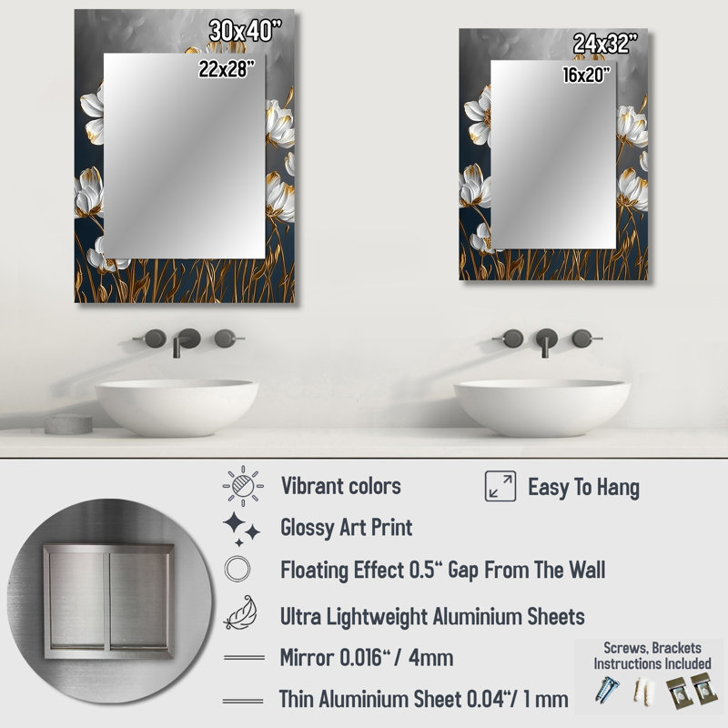 Cornflowers en blanc et tons dorés II - miroir mural unique, fleurs traditionnelles, 32 po x 24 po