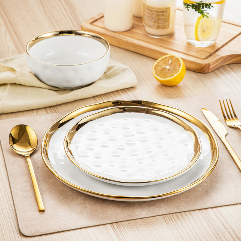 Service de table en céramique blanche à garniture 12 pièces pour 4 assiettes et bols de luxe lustrés - 4 assiettes à dîner, 4 assiettes à dessert, 4 bols à soupe - Vaisselle élégante