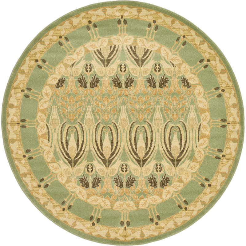 Tapis touffeté ikat Moore en vert clair / beige, Rond 6 pi 1 po
