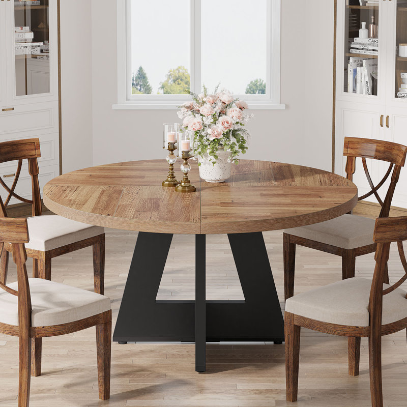 47 Inch Round Dining Table for 4 Farmhouse Kitchen Table, Retro Light Brown/Black