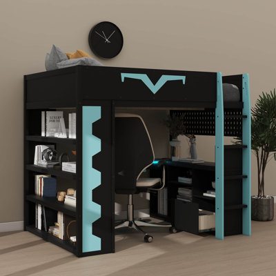 Lit mezzanine double avec bureau intégré et éclairage à DEL, lit Pro-Gamer avec prise de courant, grande bibliothèque, panneau perforé, tablette à clavier et tiroir de rangement