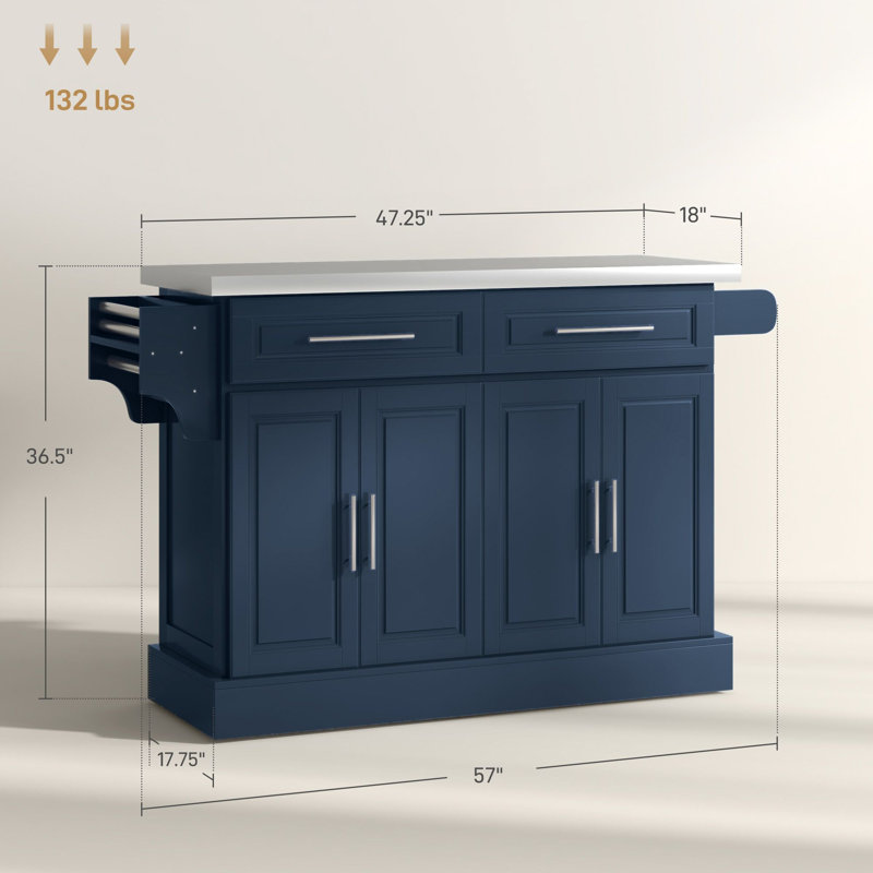 Îlot de cuisine enroulable l 57 po x P 18 po x H 36,5 po MDF en acier inoxydable 2 pièces bleu marine avec 2 tiroirs 2 armoires porte-épices