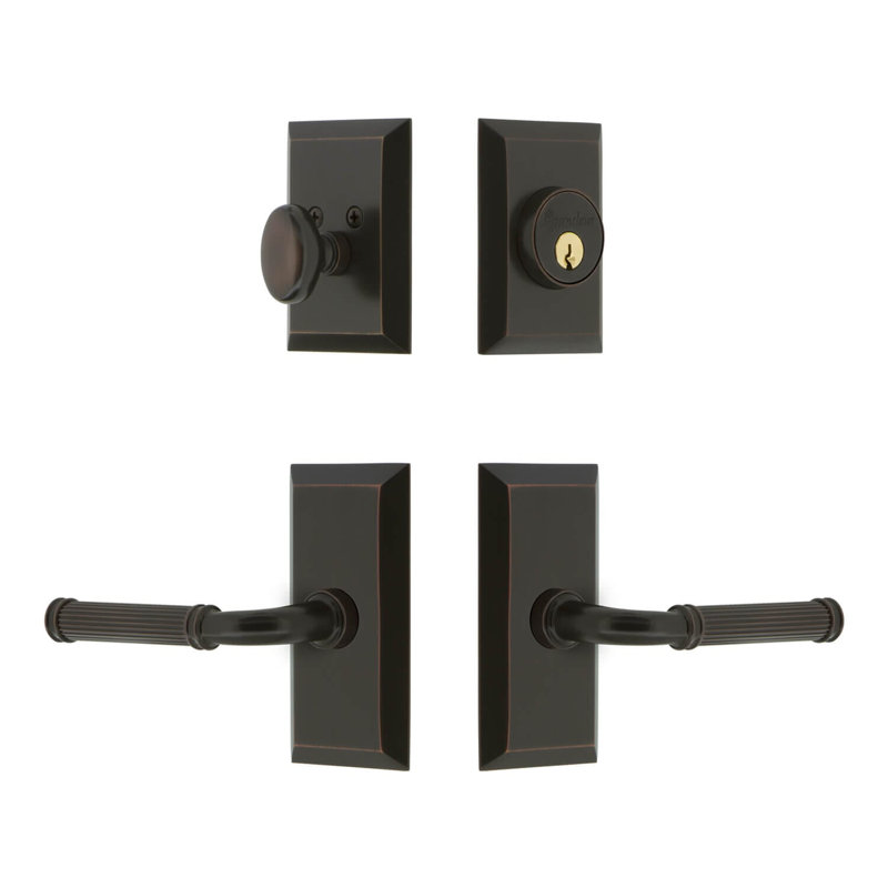 Fifth Avenue Short Plate Complete Entry Set with Single Cylinder Deadbolot and Soleil Lever, Timeless Bronze, 2.75"