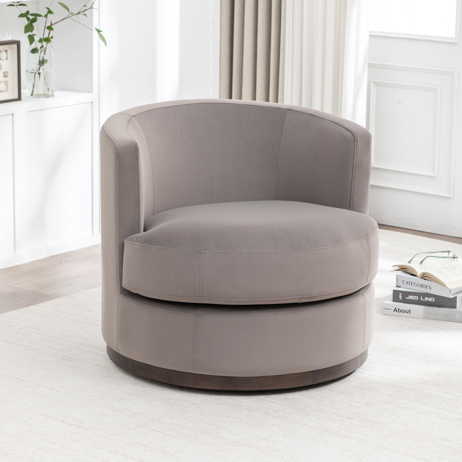 Arabella Swivel Barrel Chair, Mink Velvet Performance Mohair