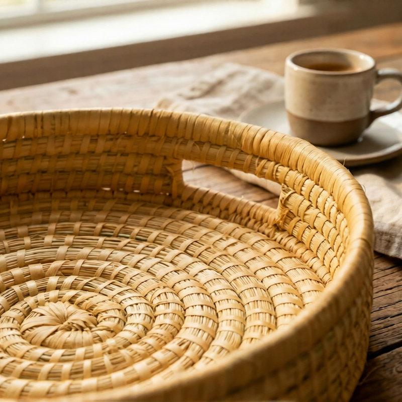 100% Handwoven Natural Rattan Approximately 11-12" Round Serving Tray, Boho Farmhouse Kitchen, Dining & Home Decor, Handcrafted – Authentic African Craftsmanship