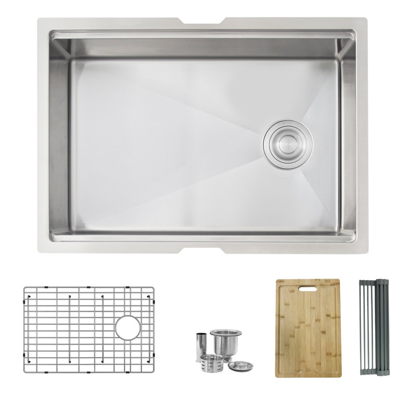 STYLISH Versa 27" Workstation Undermount Single Bowl 16-Gauge T-304 Stainless Steel Kitchen Sink with Cutting Board, Drying Rack, Grid and Basket Strainer