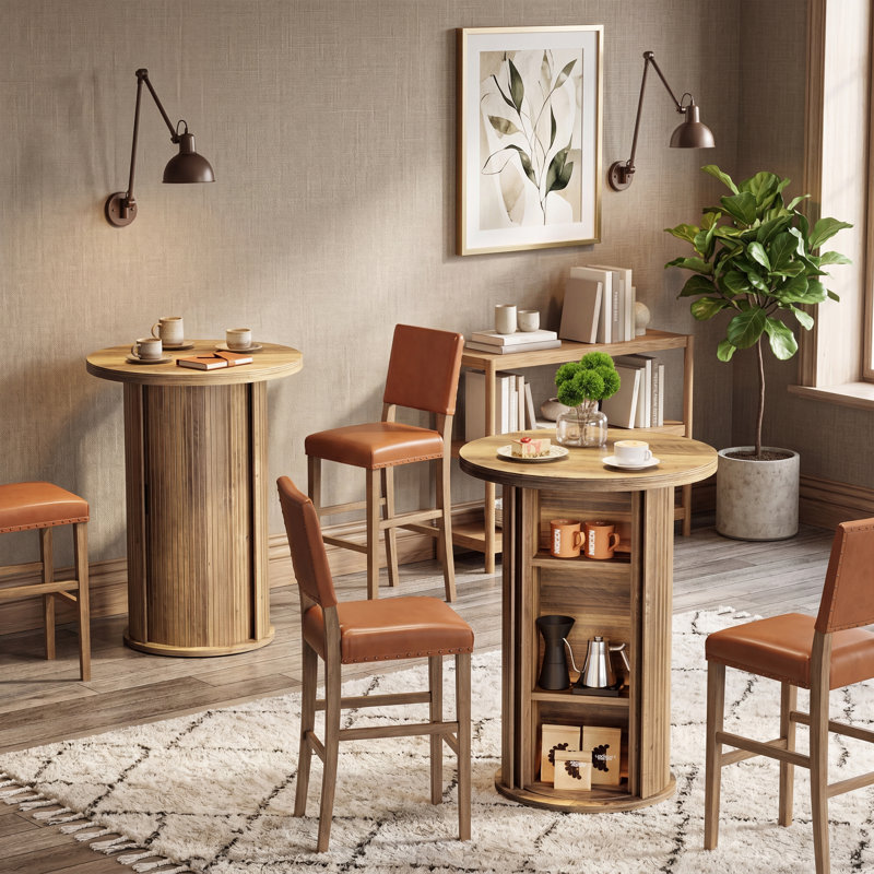 Wooden Round Bar Table With Hidden Storage, 35.4" Bar Height Cocktail Table, Brown