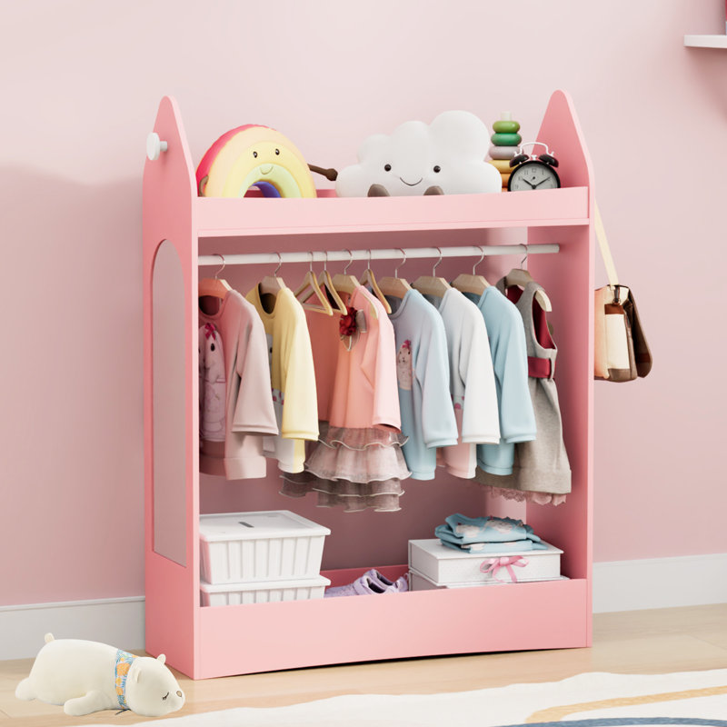 Kids Wardrobe Closet with Mirror and Storage Space, Open Hanging Armoire Closet, Pink