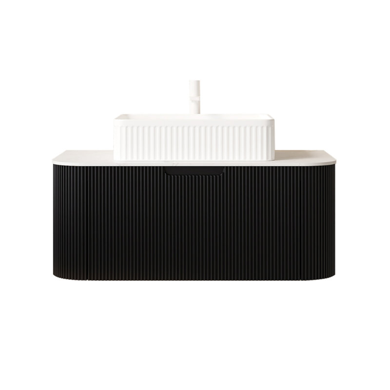 Ensemble de meuble-lavabo 36 po, meuble de rangement flottant pour salle de bain, lavabo rectangulaire blanc en céramique avec comptoir en pierre frittée blanc de Carrare, version noire