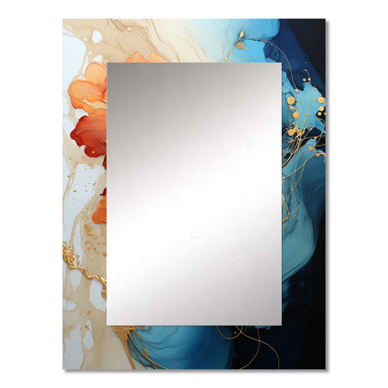 Fractale abstraite orange sarcelle - miroir décoratif de fractales, miroir mural moderne, impression d'art en métal