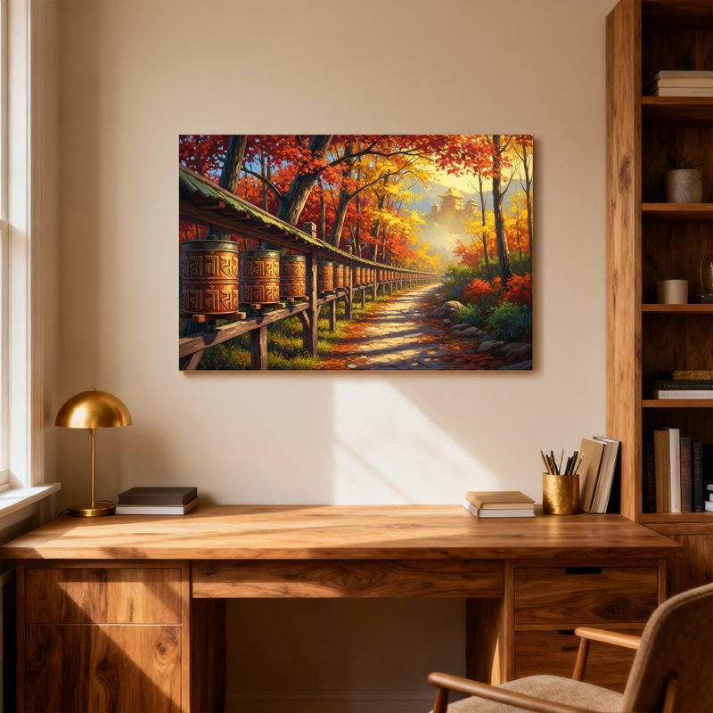 Paysage et nature, chemin d'automne avec roues de prière et temple, H 12 po x l 18 po
