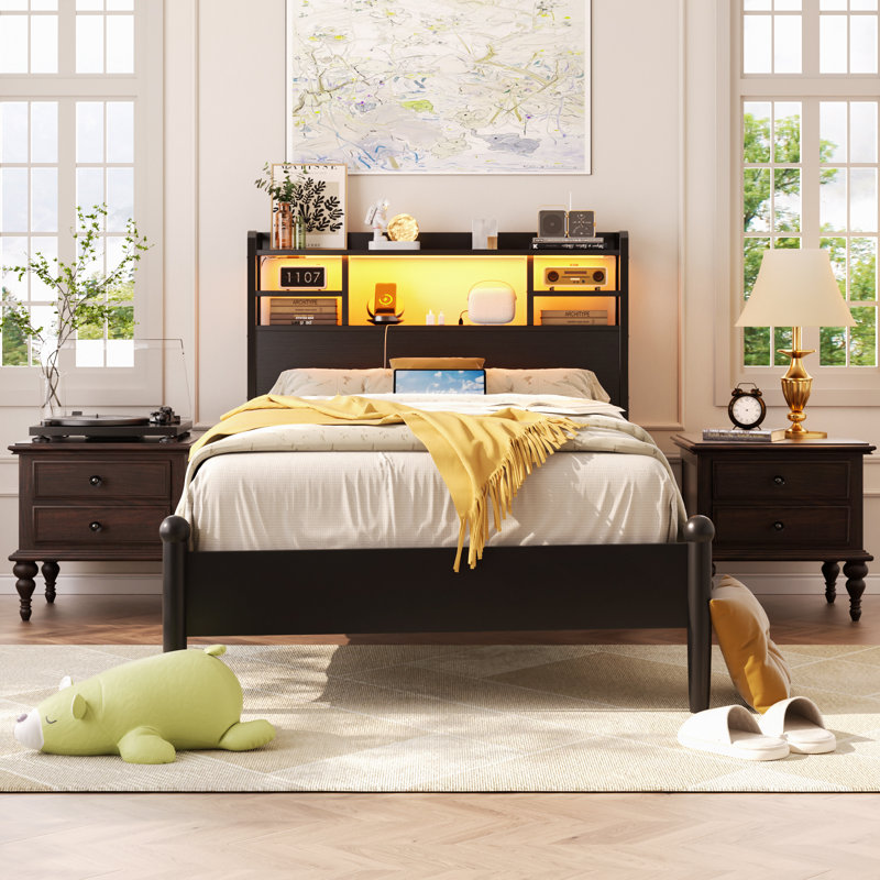 Storage Headboard with LED Lights, Bookcase Headboard with Charging Station, Twin, Black