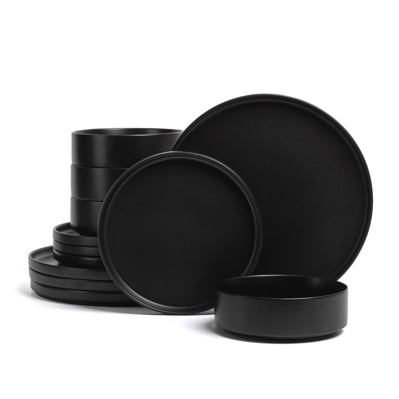 over&back Stackable 12-Piece Semi Hand-Finished Stoneware Dinnerware Set, Black