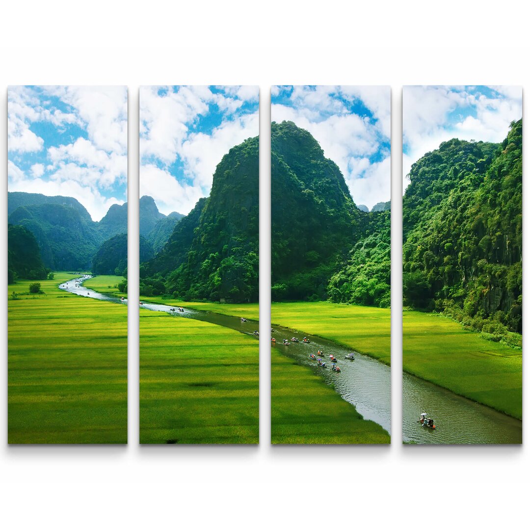 4-tlg. Leinwandbilder-Set Fluss NinhBinh mit Reisfeldern und Bergen - Thailand