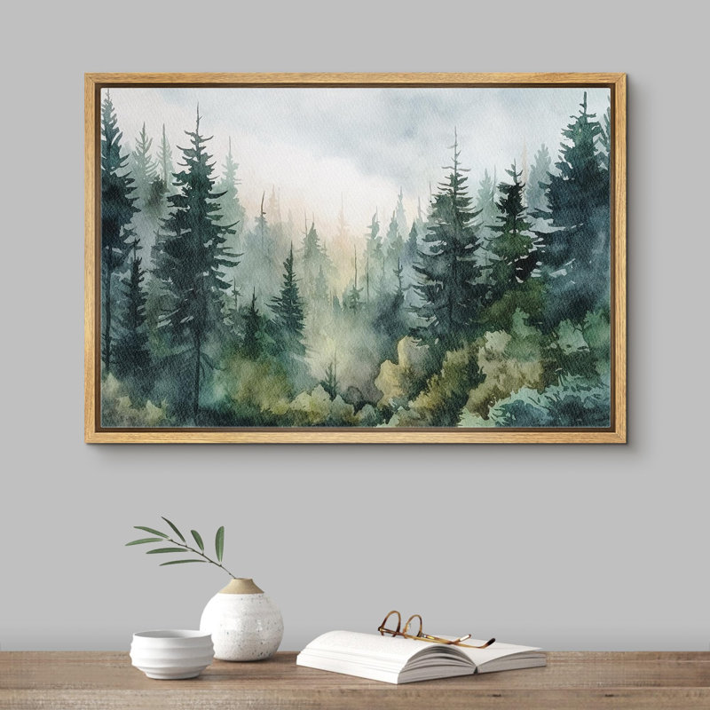 Paysage de forêt Woodland «Green Pine Tree Forest» sur, H 16 po x l 24 po, Cadre flottant naturel
